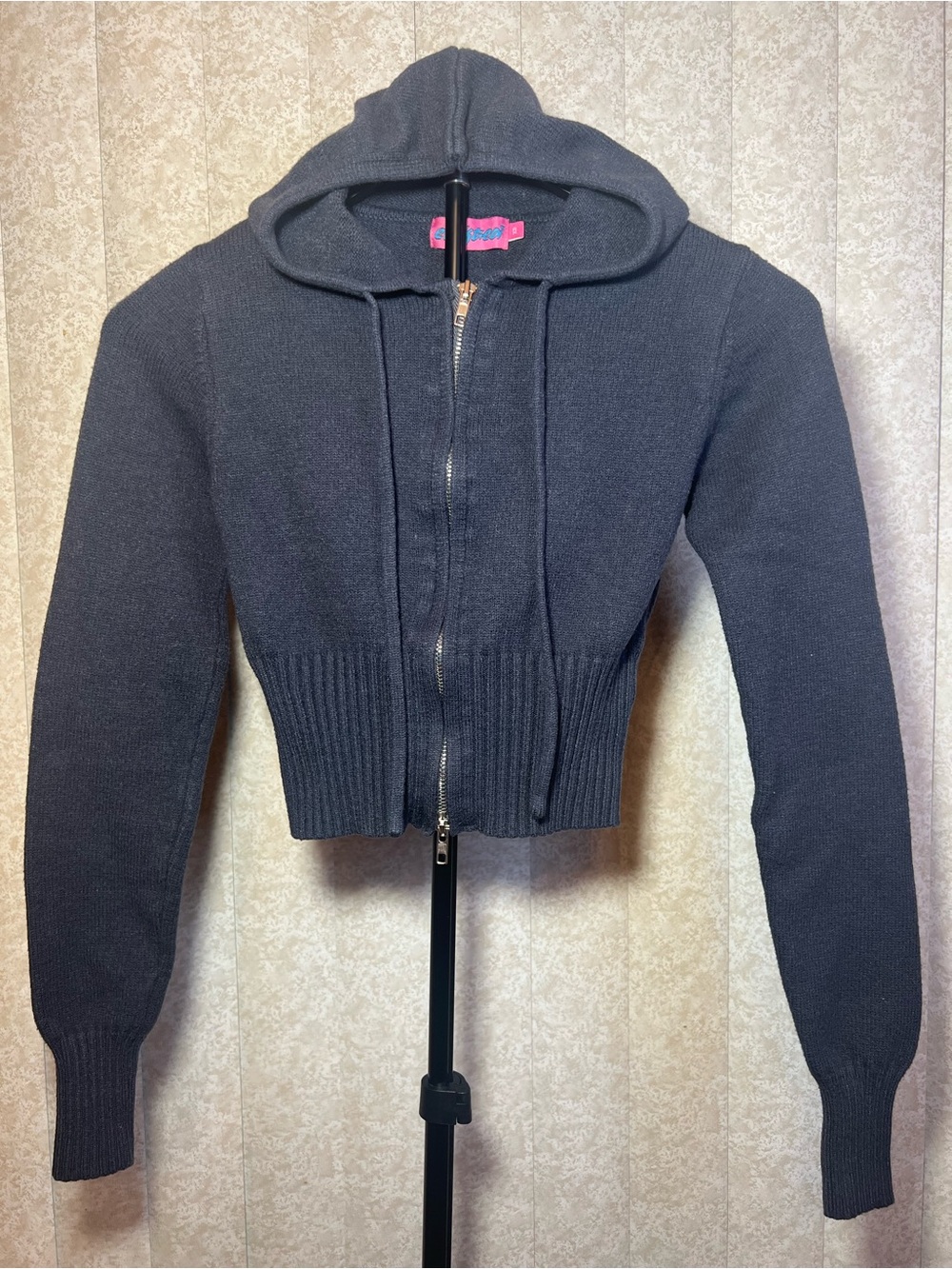 Edikted XS Dark Navy Cropped Double Zip Knit Hoodie Sweater Y2K
